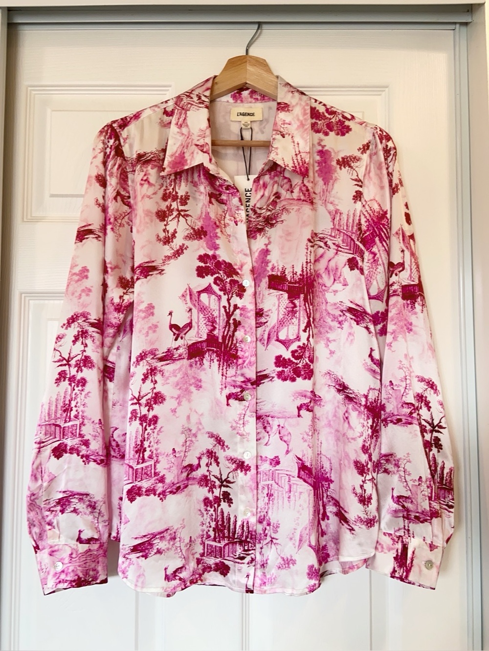 NWT L'Agence Tyler Silk Blouse Top In White/pink Small Porcelain Toile - Picture 5 of 8